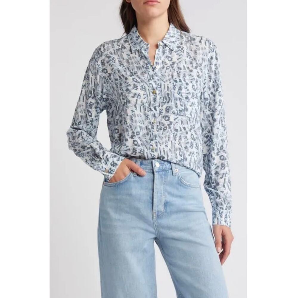 Rails Josephine Abstract Print Button-Up Shirt Size Medium Blue Gray Rayon